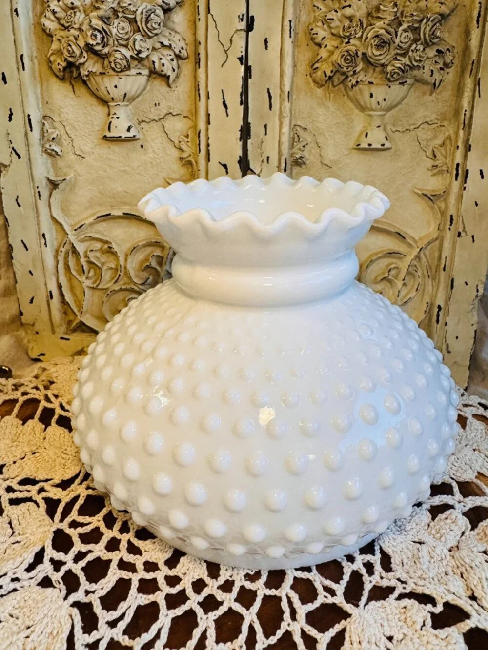 Opal Glass Hobnail Lamp Shade, Crimped Top, 10 inch fitter 1950s Vintage